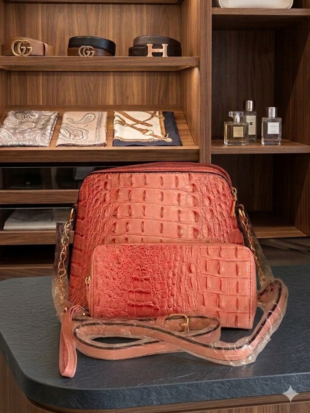 Women's Croc-Embossed Leather Crossbody Bag in Terracotta - Designer Style